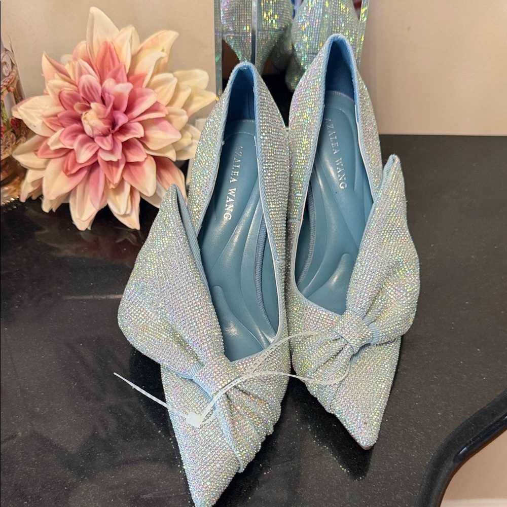 Azalea Wang Sparkling Blue Heels with Bow